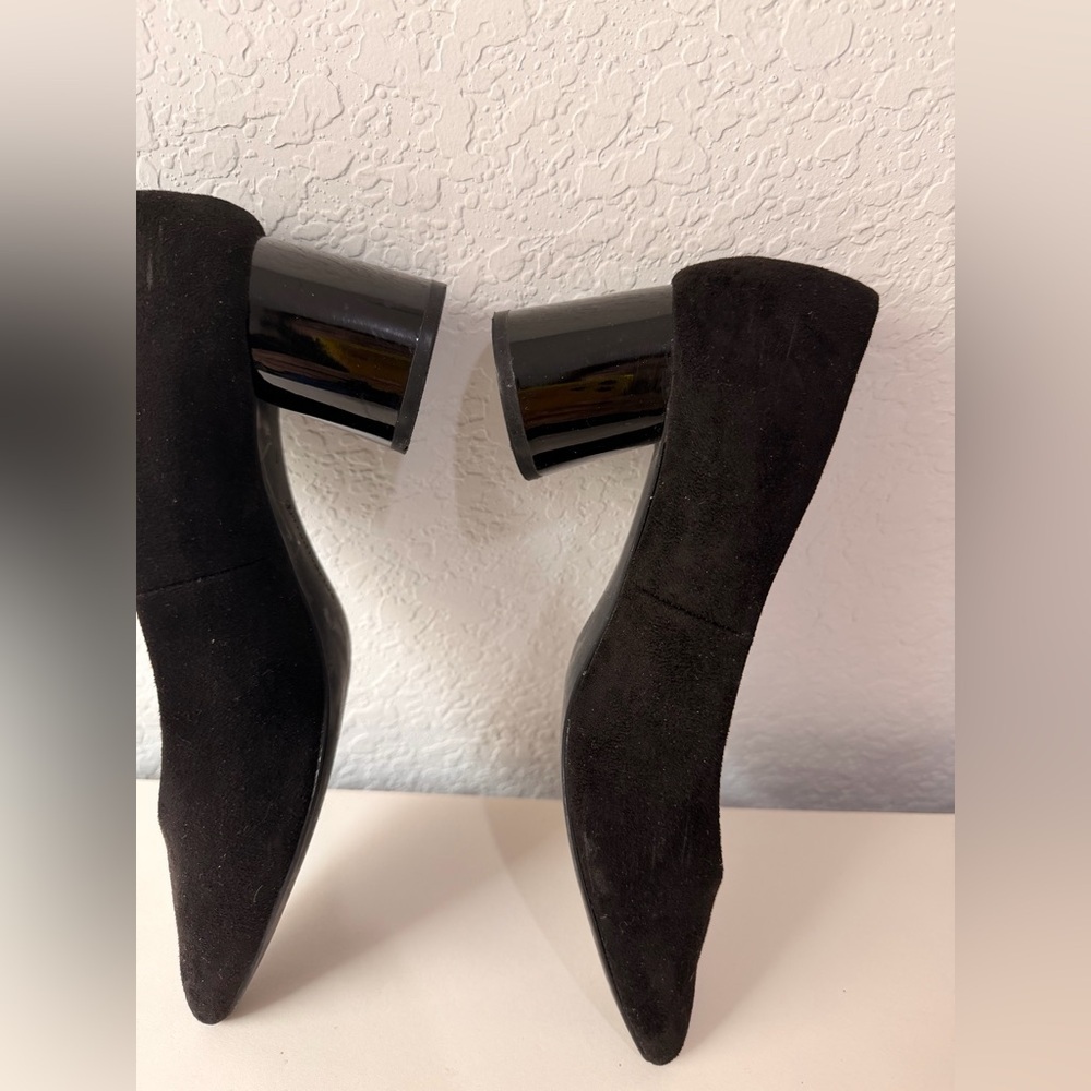Stradivarius Black Suede Block Heel Pumps | 2.5” Comfortable Mixed Texture Heels - Picture 6 of 7